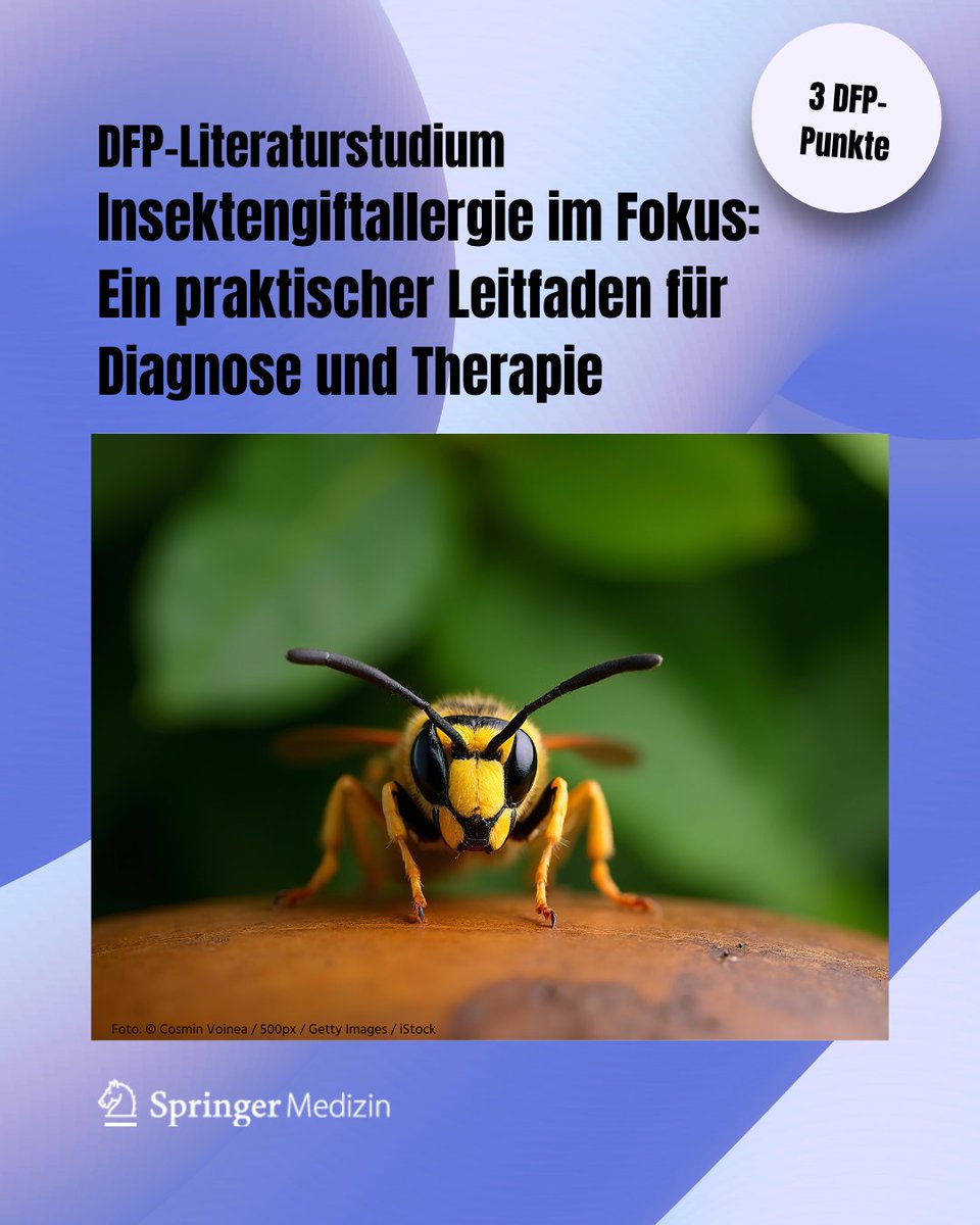 SpringerMed's tweet photo. Anzeige. 🐝Bienen- und Wespenstiche können weit mehr als nur lokal schmerzen: Sie zählen zu den häufigsten Auslösern schwerer allergischer Reaktionen im Erwachsenenalter. 

Während lebensbedrohliche systemische Reaktionen selten sind, erfordern sie eine rasche und korrekte Abklärung. 

Dieses DFP-Literaturstudium von https://t.co/6BdqTNuhI0 Eva Schadelbauer (@MedUniGraz) bietet einen praxisnahen Überblick über Diagnose, Risikoeinschätzung und Therapie der Insektengiftallergie – mit besonderem Fokus auf die Indikation und sichere Durchführung der Insektengift-Immuntherapie, die als einzige kausale Behandlung hohe Schutzraten erzielt und heute auch im niedergelassenen Bereich etabliert ist: https://t.co/Aauz7GCf96

Fortbildungsanbieter: big5health – Verein für Wissensvermittlung und Steigerung von Gesundheitskompetenz und Lebensfreude bei chronischen Erkrankungen

Mit freundlicher Unterstützung von ALK-Abelló Allergie-Service GmbH. Der Sponsor hatte auf den Inhalt des DFP-Literaturstudiums keinerlei Einfluss.