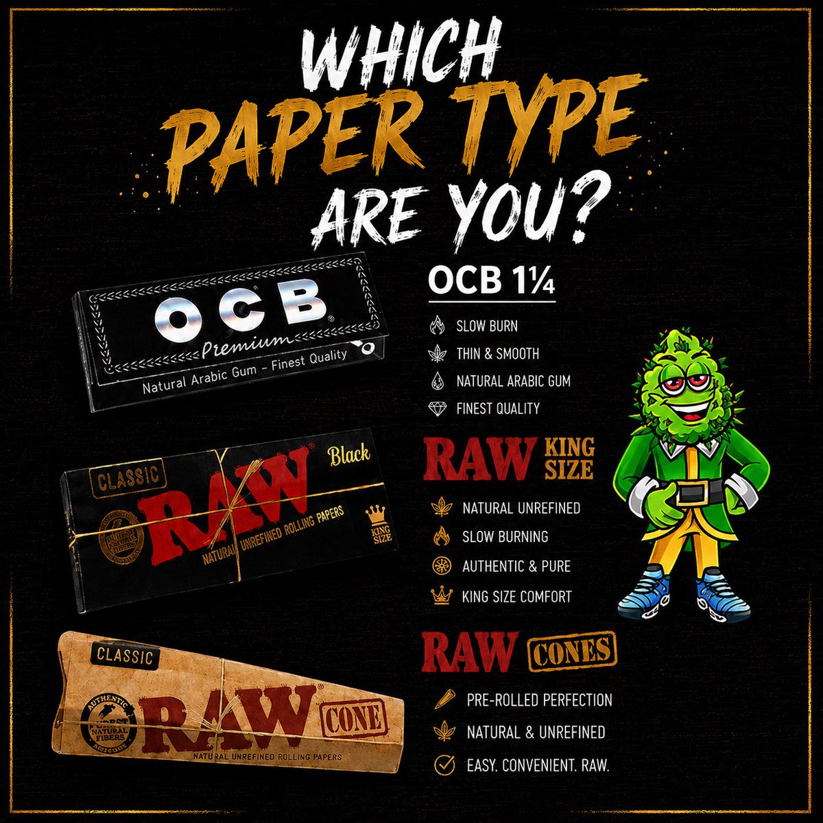 BuddyBrummie's tweet photo. 1 1/4 Size Vs King Size Vs Cones (Which Paper Type Are You? 👀) #smokeshop #headshop #raw #stoner #thatbuddybrummie #papers https://t.co/fltY1EyV7n