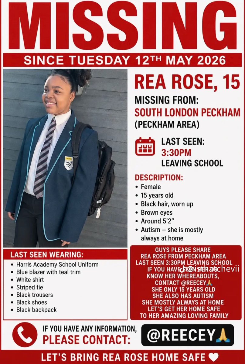 pls__xx's tweet photo. MISSING REA ROSE, 15, South London 📍

Please SHARE! Rea is a vulnerable young girl and was last seen yesterday leaving school! https://t.co/kQm4KH5VtS