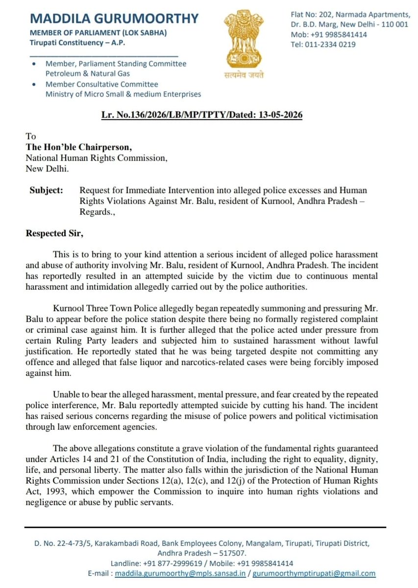 GuruMYSRCP's tweet photo. Deeply disturbed by the alleged police harassment and human rights violations against Mr. Balu of Kurnool, which reportedly drove him to attempt suicide due to continuous mental pressure and intimidation.

I have written to the @India_NHRC seeking immediate intervention, an independent inquiry into the actions of Kurnool Three Town Police, and protection for the victim and his family.

No individual should be subjected to abuse of authority, political victimisation, or harassment without due process of law. Justice, accountability, and protection of constitutional rights must prevail.

#NHRC #HumanRightsViolation #Kurnool #RedBook #saveapfromtdp