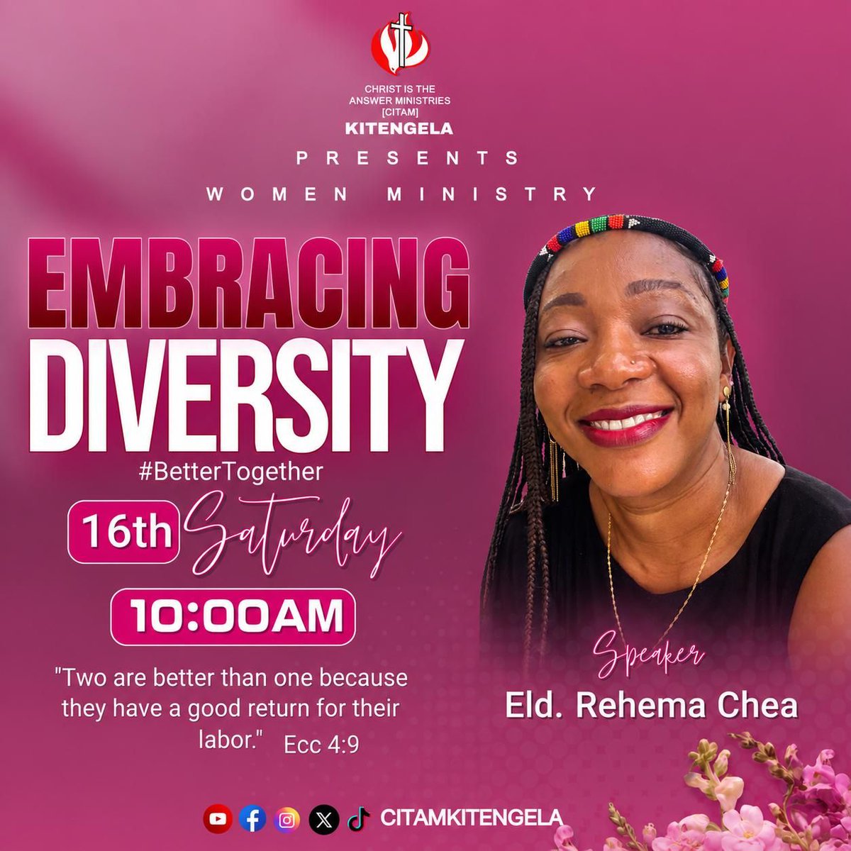 CitamKitengela's tweet photo. The Women Ministry invites all ladies 18 yrs and above to their monthly fellowship on Saturday 16th May at 10AM in the Sanctuary. The speaker will be Eld. Rehema Chea taking us through EMBRACING DIVERSITY. See you there!
#GodOfImpossibilities
#gen18v14
#CITAMKitengela https://t.co/K4LZIpQtiW