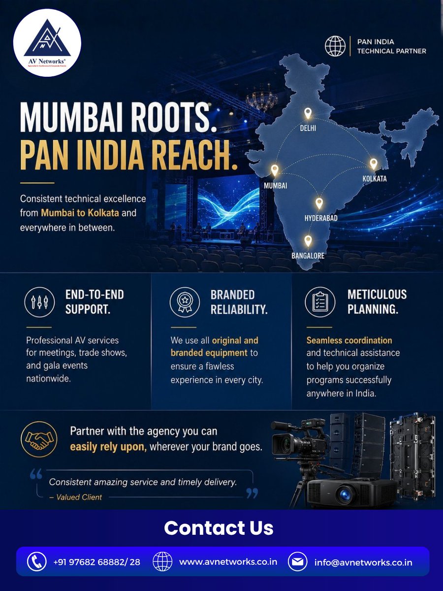 avnetworks01's tweet photo. Leveraging our Mumbai roots to deliver consistent technical excellence and branded reliability for your events in every major city across India.
#CorporateEvents #EventPlanning #MumbaiEvents #MumbaiAV #CorporateEventSolutions #AVRentals #AVSetup #EventManagement https://t.co/EtnO6RMwOE