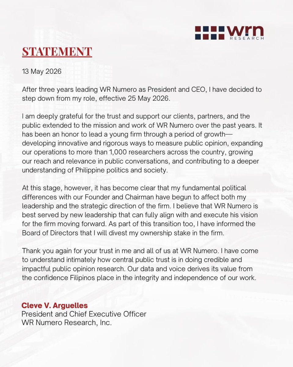 CleveArguelles's tweet photo. My WR Numero journey has come to an end. Thank you for your trust and support in the work and mission of WR Numero. I look forward to my next adventure in doing public opinion research. https://t.co/sPKFPqvLw3