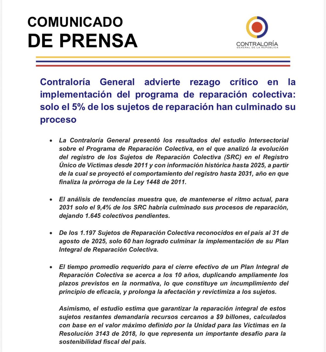 CGR_Colombia's tweet photo. 🚨La @CGR_Colombia evidenció un rezago crítico en la implementación de la política de reparación colectiva en Colombia: de 1.197 Sujetos de Reparación Colectiva reconocidos, solo 6️⃣0️⃣ han culminado su proceso, equivalente apenas al 5% del total.

📲Comunicado de prensa 👉🏼 https://t.co/Wgu85Qe925
