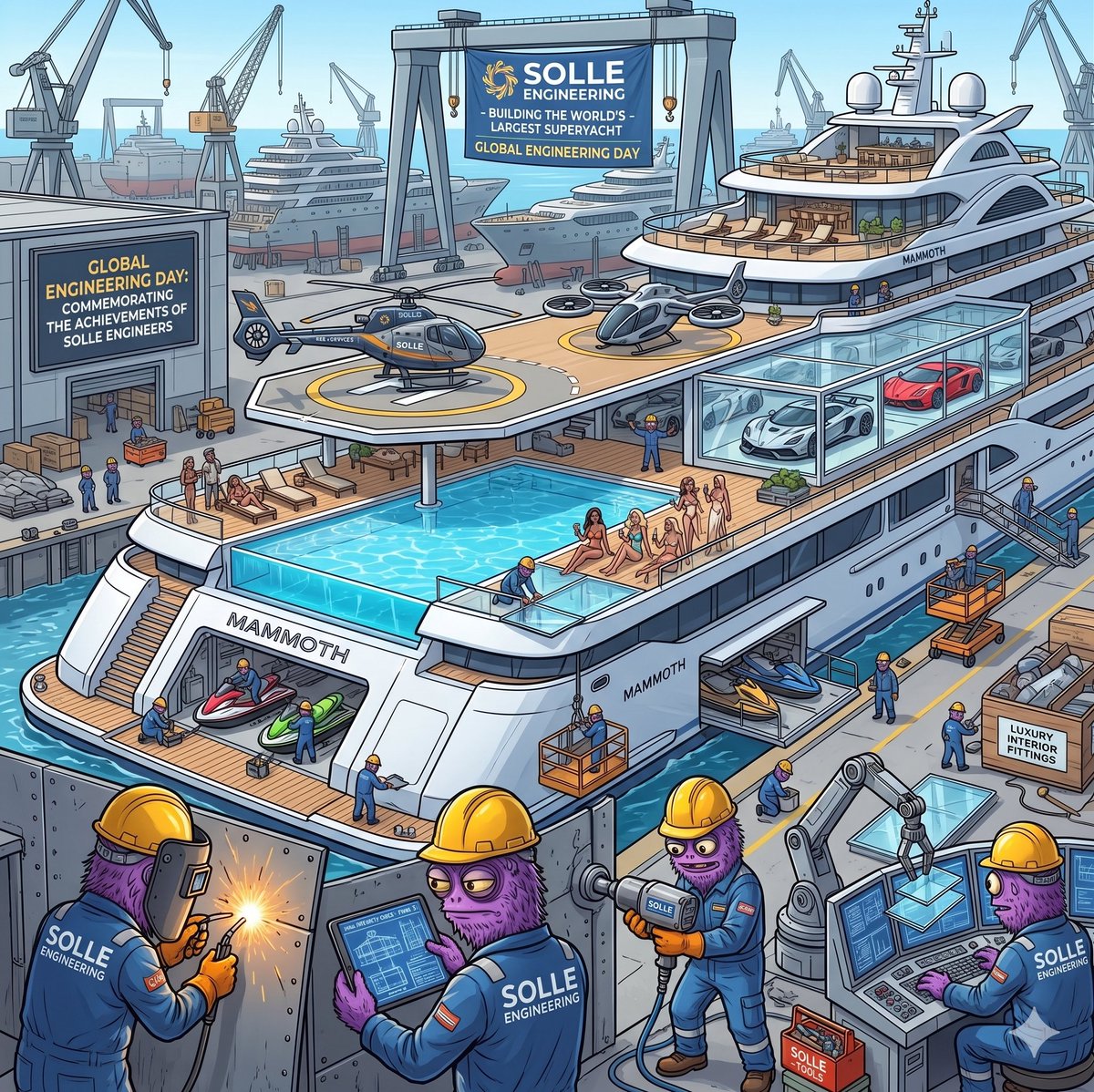sollememe's tweet photo. On #GlobalEngineeringDay the $SOLLE team of marine engineers have been working flat out to construct the largest superyacht - ever! 

Complete with helicopters and personal drone aviation, climate controlled #supercar glass garages, jet skis, swimming pool and obligatory #supermodels ! 

Completely built out of #recycled materials and powered by twelve turbo-thrusting hydrogen engines, 'The Mammoth' is a triumph of modern engineering. 

With a fore-deck fitted out full of solar panels, a desalination unit onboard, as well as a hydroponic below deck for farming vegetables and other delights, the #superyacht is completely #carbonneutral and self-sufficient. ✅✅✅

What is not to like?!

Congratulations to the Solle Team on a #WorldFirst! 🥇

And Happy Global Engineering Day to all the engineers of the world. We salute YOU! 🫡🫡🫡

#GlobalEngineeringDay #Engineers #Engines #Engineering #MarineEngineers #SuperYachts #SustainableSuperYachts #SolleEngineeringPLC #CarbonNeutral #SolanaMascot #Solana #SOL