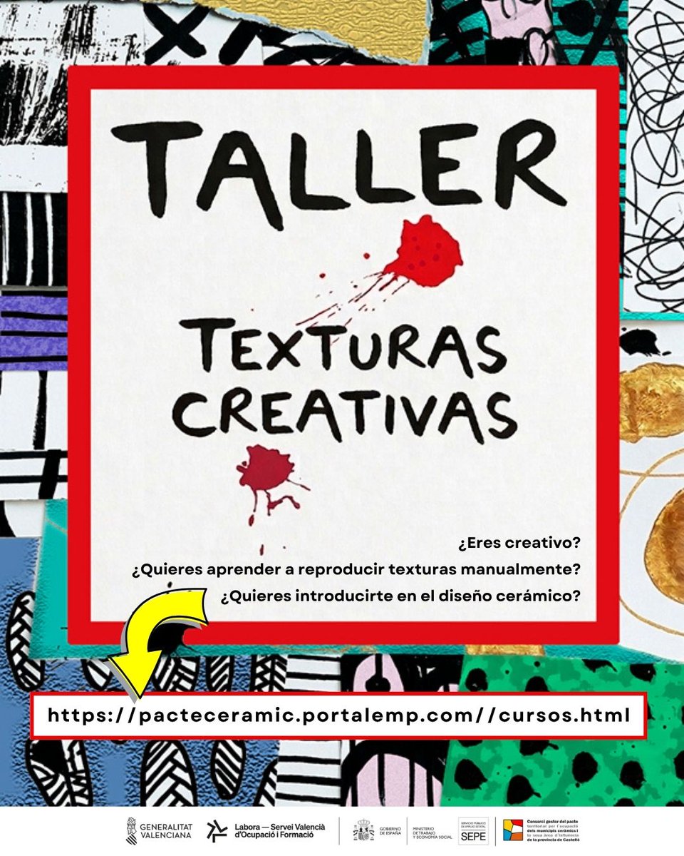 pacteceramic's tweet photo. ❗️INSCRIPCIONES MAÑANA
Taller de Texturas Creativas
🖋️ Inscrícpición 18 al 29 mayo https://t.co/OFAylbAbcs
⏰ Horario de 9:30 a 13:30
📅 04 al 25 de junio
⌚️ Duración 32 horas
📍 Betxí
Programa subvencionado por @GVAlabora  y @empleogob a través de la iniciativa #AvalemTerritori https://t.co/s0ZfmO0VLu