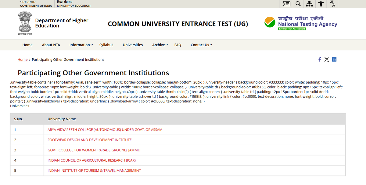 855princekumar's tweet photo. Found a frontend glitch on the CUET(UG) portal while checking participating institutions. The page is showing raw CSS/code instead of rendering properly, which can confuse students during admissions.

Kindly look into this. 
@NTA_Exams  @EduMinOfIndia  @NICMeity https://t.co/4OAbG81Zid