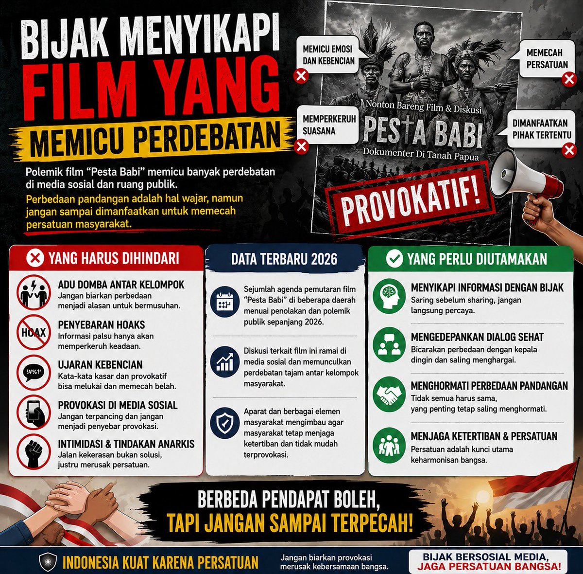falvu's tweet photo. Di tengah derasnya informasi, kita harus lebih hati-hati membedakan mana karya yang mencerahkan dan mana yang sengaja dibuat untuk memprovokasi. Kritik boleh, tapi jangan sampai berubah menjadi kebencian dan perpecahan.
#PSNUntukPapuaMaju #PemerintahHadirUntukPapua https://t.co/IfvFDmOv3J