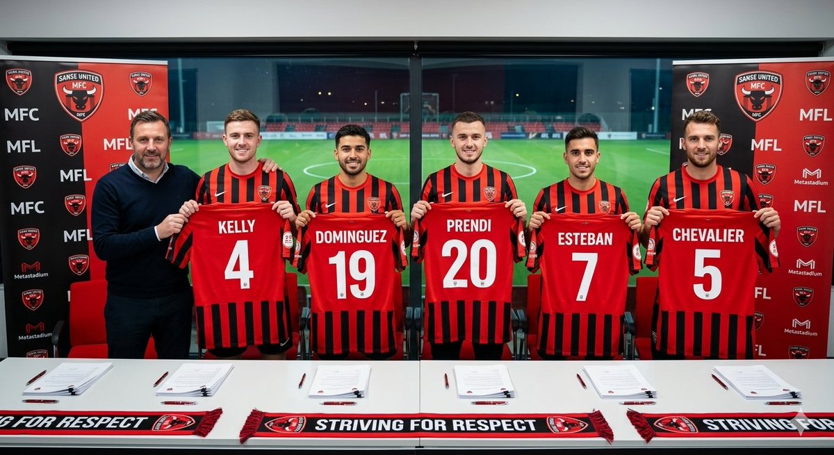 sanseutd's tweet photo. Sanse United S14 Rebuild: Complete! 🔴⚫️ Welcome our new loan signings:

🧱 #4 Kelly (CB)
⚡ #5 Chevalier (LB)
🎯 #7 Esteban (RM)
💨 #19 Dominguez (RB)
⚽️ #20 Prendi (ST)

Defense locked. Attack reloaded. Ice League, we're coming! DMs open 🤝 #playMFL #Web3Gaming #sanseutd https://t.co/vxwPDzPS0j
