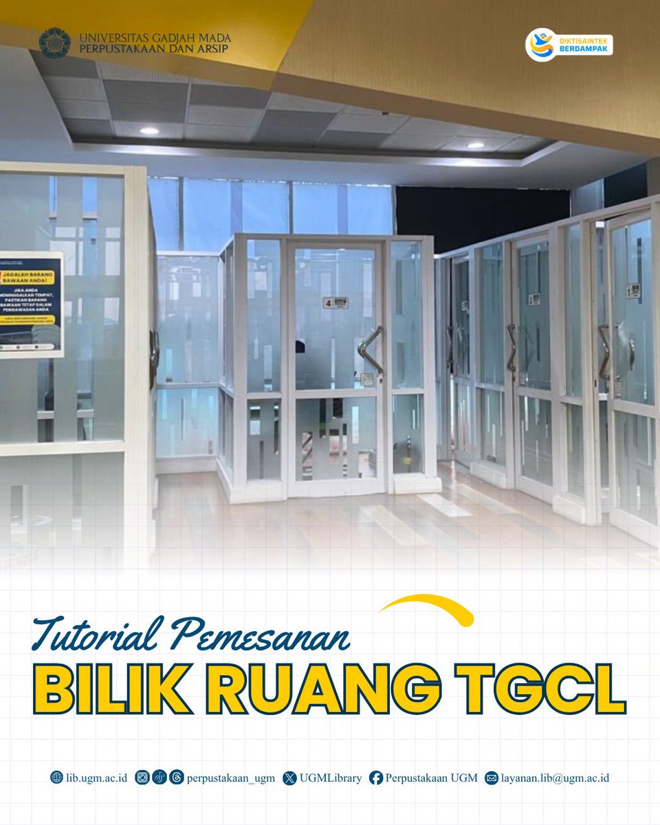 UGMLibrary's tweet photo. 📢Sobat Perpus, ada info pemesanan ruang TGCL, nih!📢

Mulai hari ini, pemesanan bilik individu dan bilik diskusi di Ruang TGCL Lt. 4 sudah menggunakan sistem reservasi melalui SIMASTER, loh! Yuk simak tutorialnya 😉 https://t.co/gnlyPLquQE