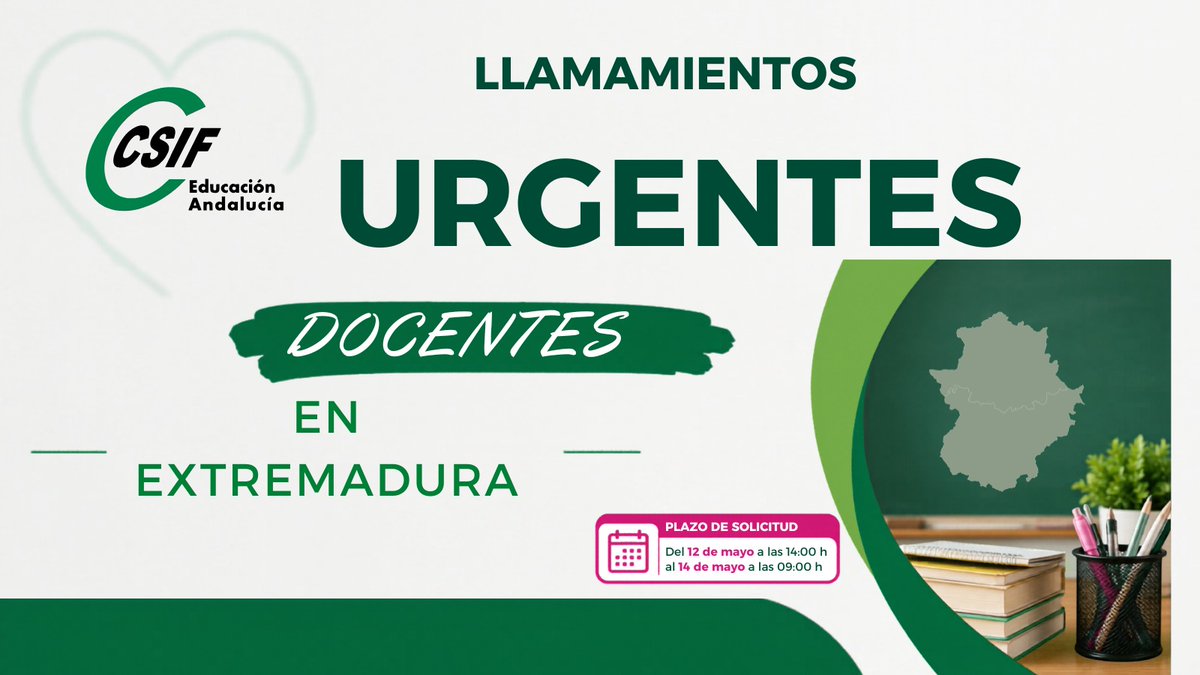 CSIFenseA's tweet photo. 📍 EXTREMADURA - LLAMAMIENTO URGENTE DOCENTE

📅 Plazo de solicitud: hasta el 14/05/2026 a las 09:00 h

📌 Especialidades convocadas
* Filosofía — 590 001
* Matemáticas — 590 006
* Tecnología — 590 019
* Informática — 590 107
* Sistemas Electrotécnicos y Automáticos — 590 125
* Instalaciones Electrotécnicas — 590 206
* Procedimientos de Diagnóstico Clínico y Ortoprotésico — 590 219
* Procesos de Gestión Administrativa — 590 222
* Sistemas y Aplicaciones Informáticas — 590 227
* Diseño Gráfico — 595 512
* Piano — 594 423

✅ Podrán participar personas que formen parte o no de listas de espera, siempre que cuenten con la titulación exigida.
📌 Para especialidades de Secundaria será necesario acreditar la formación pedagógica y didáctica correspondiente.

🔗 Solicitud, resolución y más info:
https://t.co/shKBk51qEq

💚 CSIF Educación Andalucía