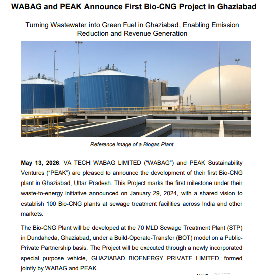 MrFinterest's tweet photo. VA Tech Wabag Steps into Green Fuel Business with First Bio-CNG Project in Ghaziabad
The company has partnered with PEAK Sustainability Ventures to set up its first Bio-CNG project in Ghaziabad, to developed at a 70 MLD sewage treatment facility under the BOT model.
#VAtech