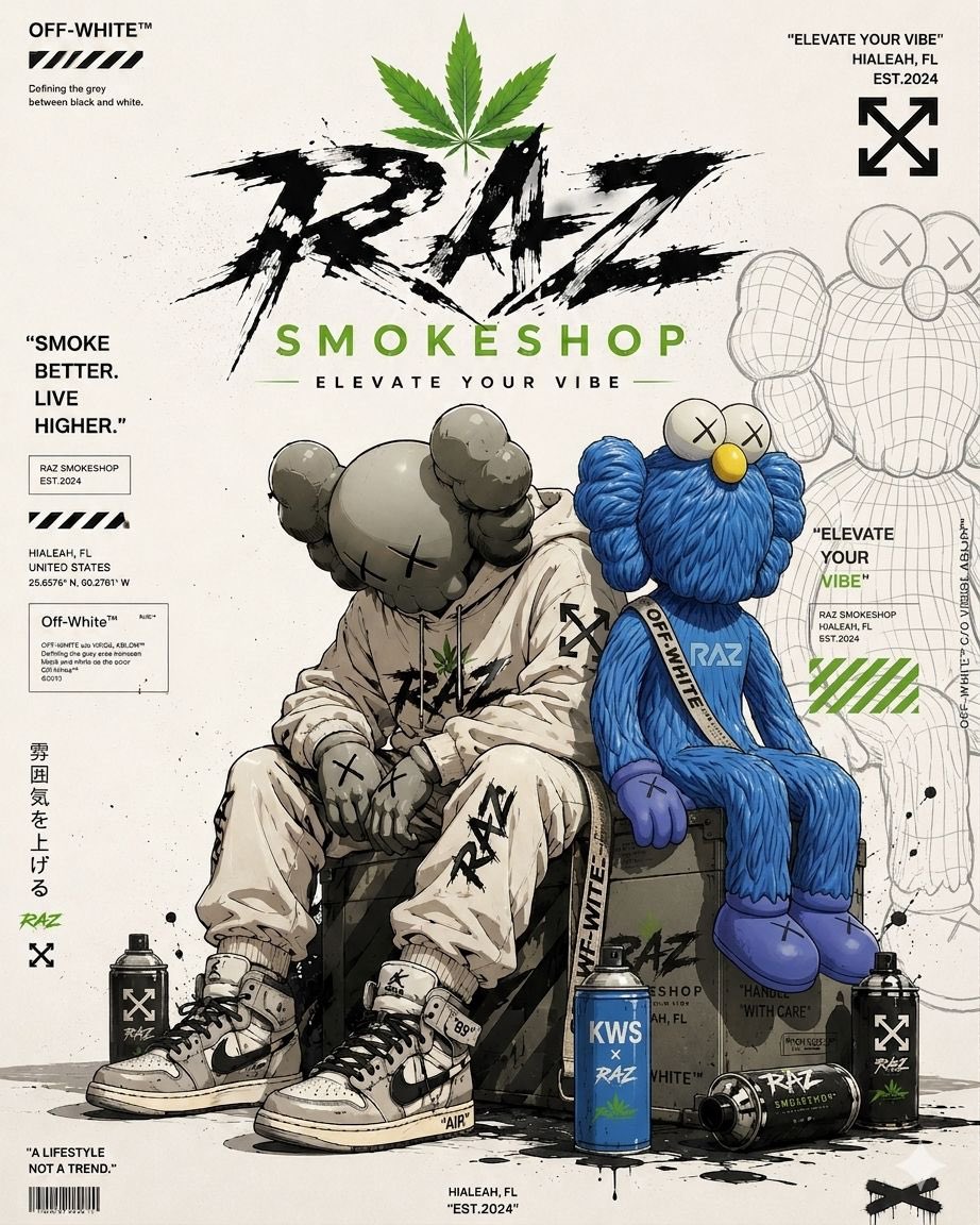 RAZ SMOKESHOP × OFF-WHITE × KAWS 🎨💨 Not just a smokeshop — it's