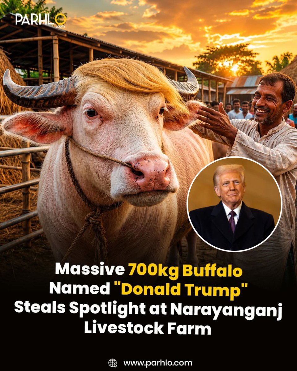 SheikhRuhulI's tweet photo. A giant 700kg buffalo nicknamed “Donald Trump” has become the center of attention in Bangladesh ahead of Eid ul Azha, attracting huge crowds at a cattle market in Narayanganj.

Raised on a special diet of corn, soybean, and bran, the massive animal has quickly gone viral on fb. https://t.co/r6EHHq8wGd