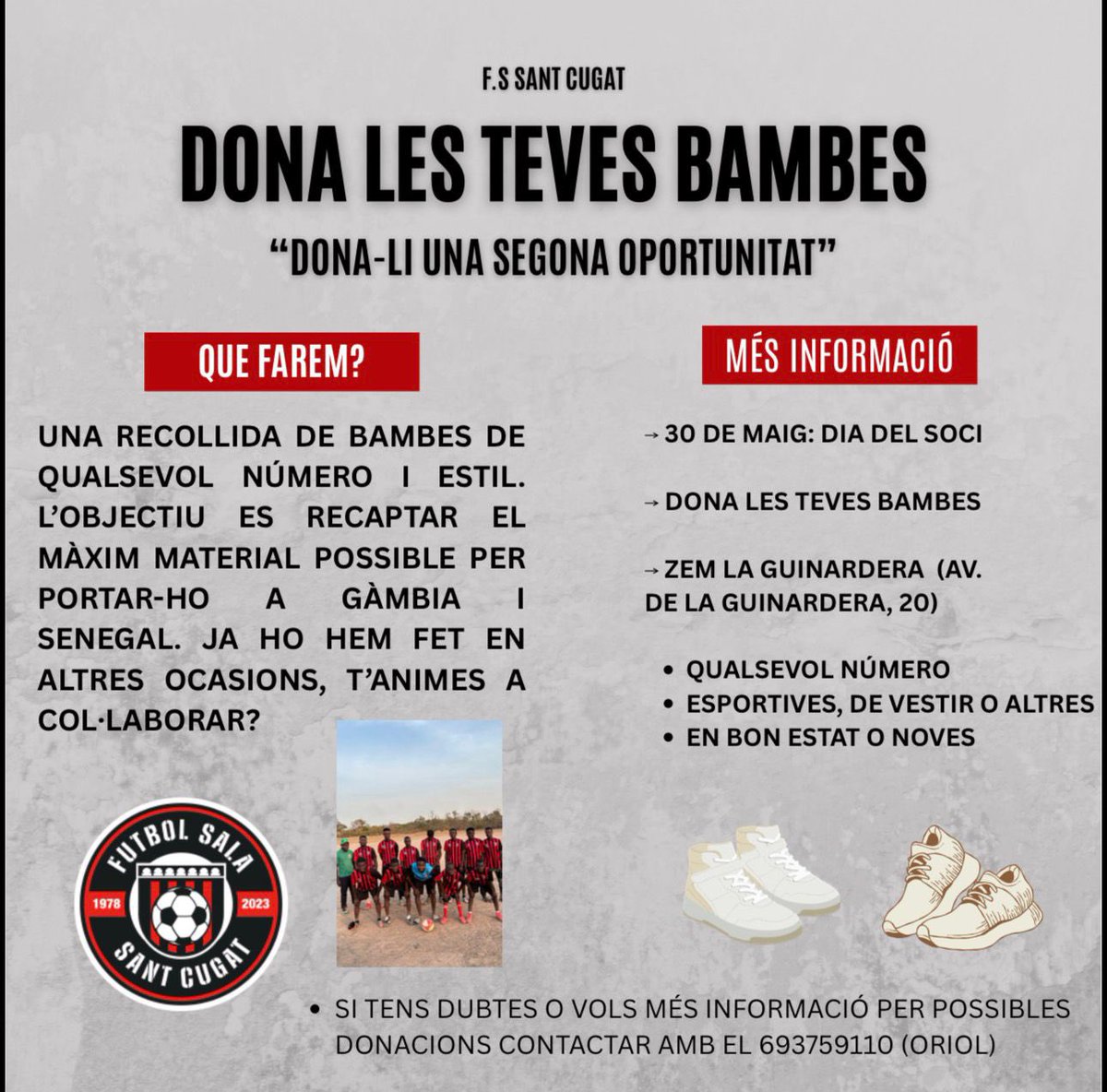 FSSANTCUGAT's tweet photo. Hola famílies!! ❤️🖤

Us informem que des del club estem organitzant una recollida de bambes pel Dia del Soci. Aquest estiu les portarem a Gàmbia i Senegal perquè, entre totes i tots, els puguem donar una segona vida 👟🌍

Animeu-vos a col·laborar! 😉

Gràcies per l’ajuda! ❤️🖤 https://t.co/xfGbozFqLZ