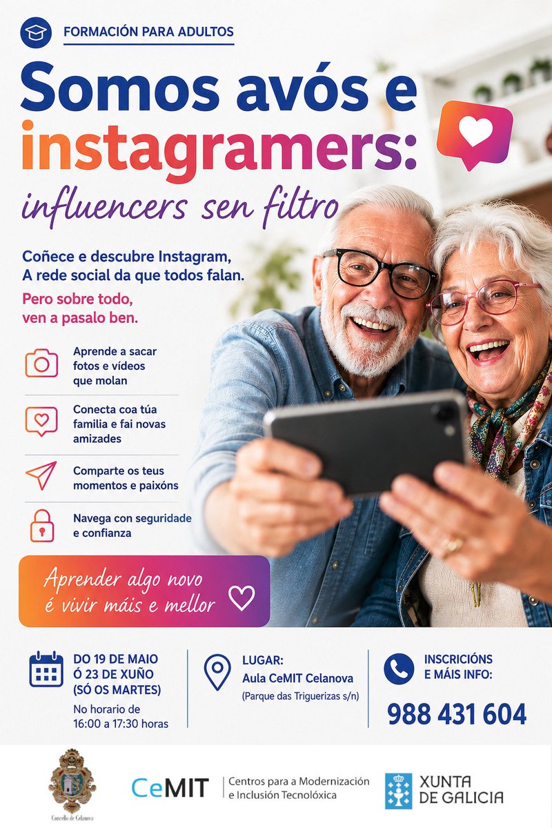 cemitcelanova's tweet photo. 📱✨ “Somos avós e instagramers: influencers sen filtro”, unha actividade pensada para persoas adultas que queiran aprender, compartir e pasalo ben mentres descobren Instagram e o mundo das redes sociais.
👉🏻 Non fai falta experiencia previa, só ganas de aprender e desfrutar https://t.co/k5W8LbFMKL