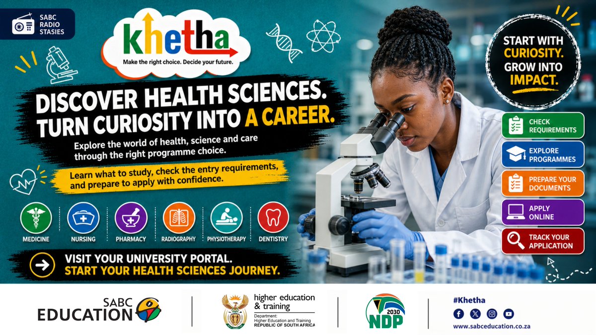 trufm's tweet photo. Interested in a future in Health Sciences? From Medicine and Nursing to Pharmacy and Physiotherapy, explore career paths that match your strengths and interests.

Start preparing early and discover your options today.

#Khetha #CareerHelp #YourFutureStartsHere https://t.co/h5KLGsENhT