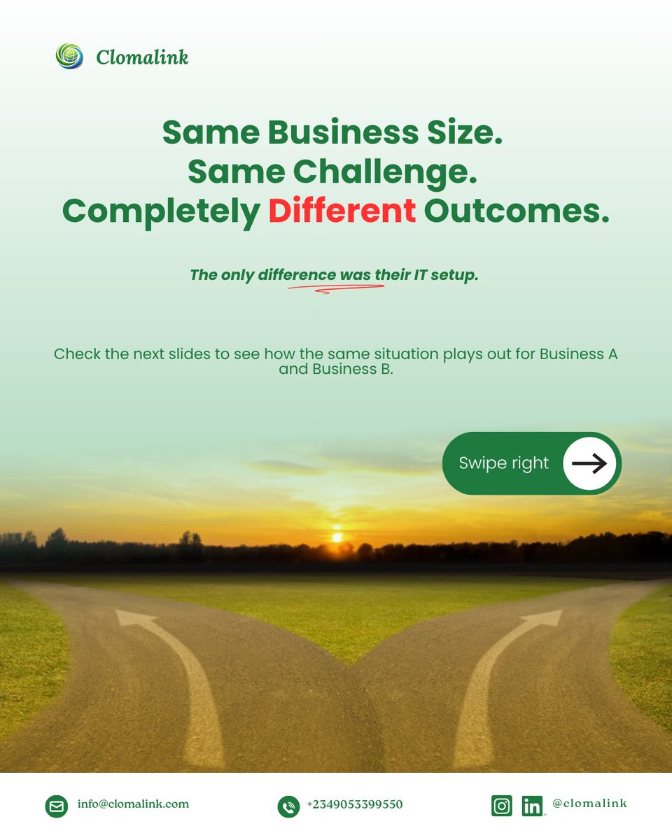 clomalink's tweet photo. Two "same" businesses, same challenge but completely different outcomes.
Business A has structured IT. Business B is winging it. Which one is your business today?
Save this and share it with a fellow business owner.
#clomalink #businessissues #techinlagos https://t.co/cfUa4YBj1w