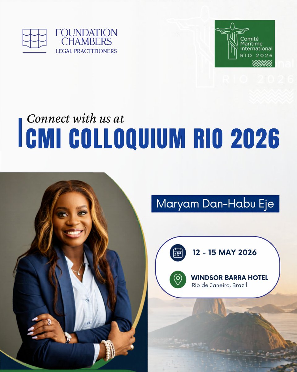 FChambers_'s tweet photo. We are pleased to announce that our Counsel, Maryam Dan-Habu Eje, will be attending the 2026 CMI Rio Colloquium in Rio de Janeiro, Brazil.

We look forward to engaging with global maritime stakeholders on emerging issues shaping the future of maritime law and shipping
#CMIRio2026 https://t.co/tuBcRzivdF