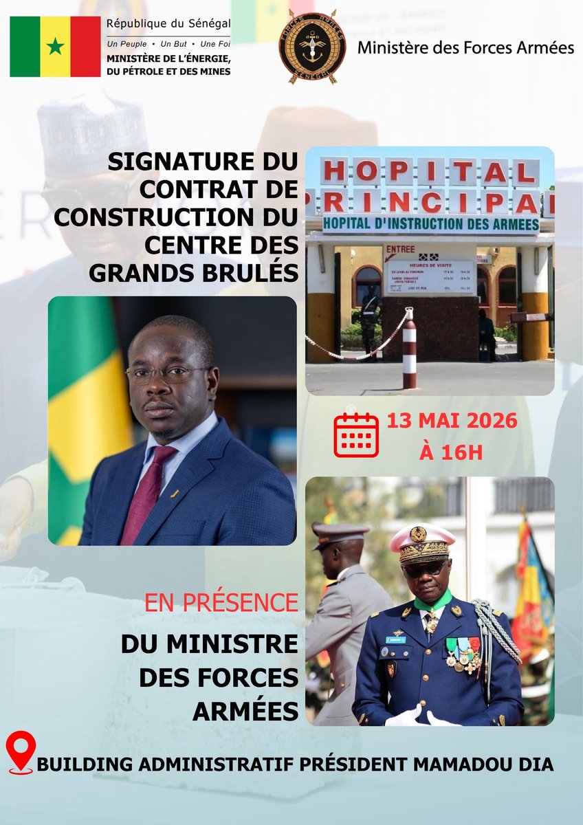 Mepsenegal's tweet photo. 🏥🇸🇳 Coopération #MEPM – #MFA |
Signature du contrat de construction du Centre des Grands Brûlés de l’Hôpital Principal de Dakar, ce 13 mai 2026 à 16h, par le Ministre Birame Soulèye DIOP, en présence du Général Birame DIOP.
📍Building Administratif Président Mamadou DIA. https://t.co/16o2gH7IEu