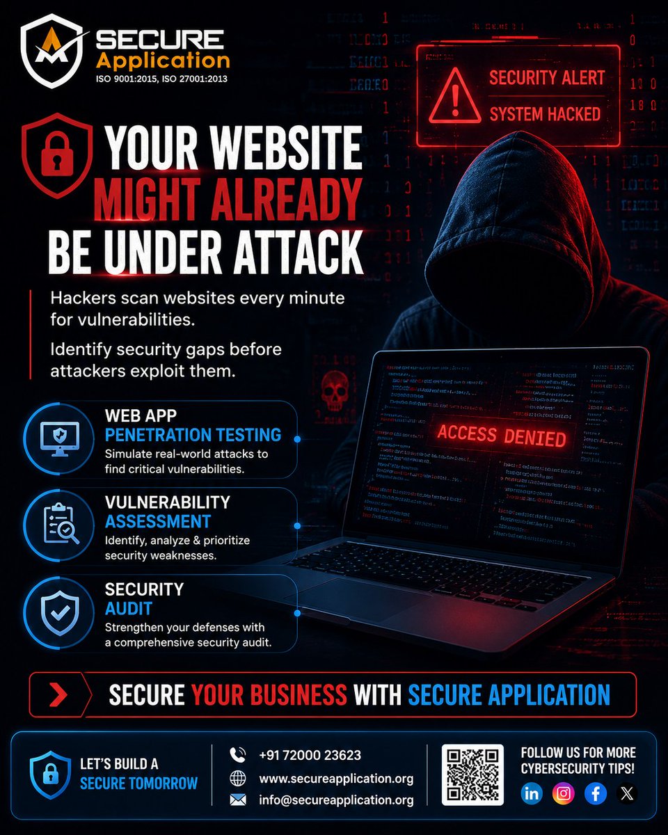 SecureAppl's tweet photo. Your website might already be under attack.

Identify vulnerabilities before hackers exploit them with penetration testing &amp; security audits from Secure Application 

#CyberSecurity #PenTesting #WebSecurity #ThreatDetection  #DataProtection #ITSecurity #SecureApplication https://t.co/LarjsRsqTf