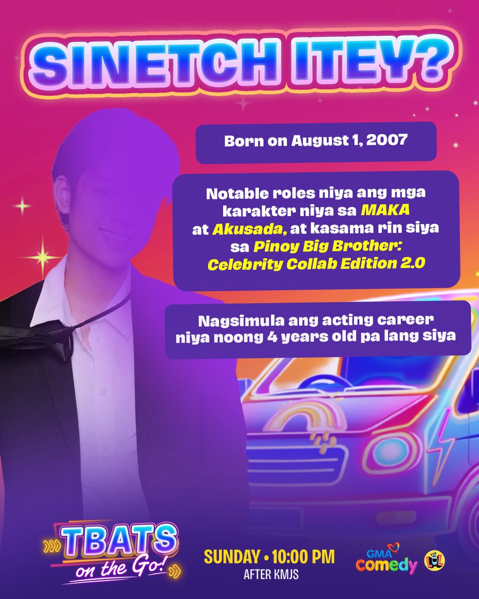 BoobayAndTekla's tweet photo. Sinetch itey?! 👀

HINT: Nagsimula s'ya bilang child actor!

Abangan s’ya sa #TBATSOnTheGo ngayong Linggo, 10:00 PM sa GMA #SummerTawaSummerSaya! 🚐🚦 https://t.co/ssmWCDCeWh
