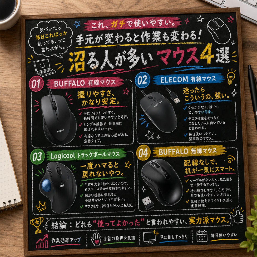 yonce_3240's tweet photo. しごできが愛用してるマウス4選！

手の疲れがほとんどなくなって、
作業が変わる実感があるんだよね！(PR)