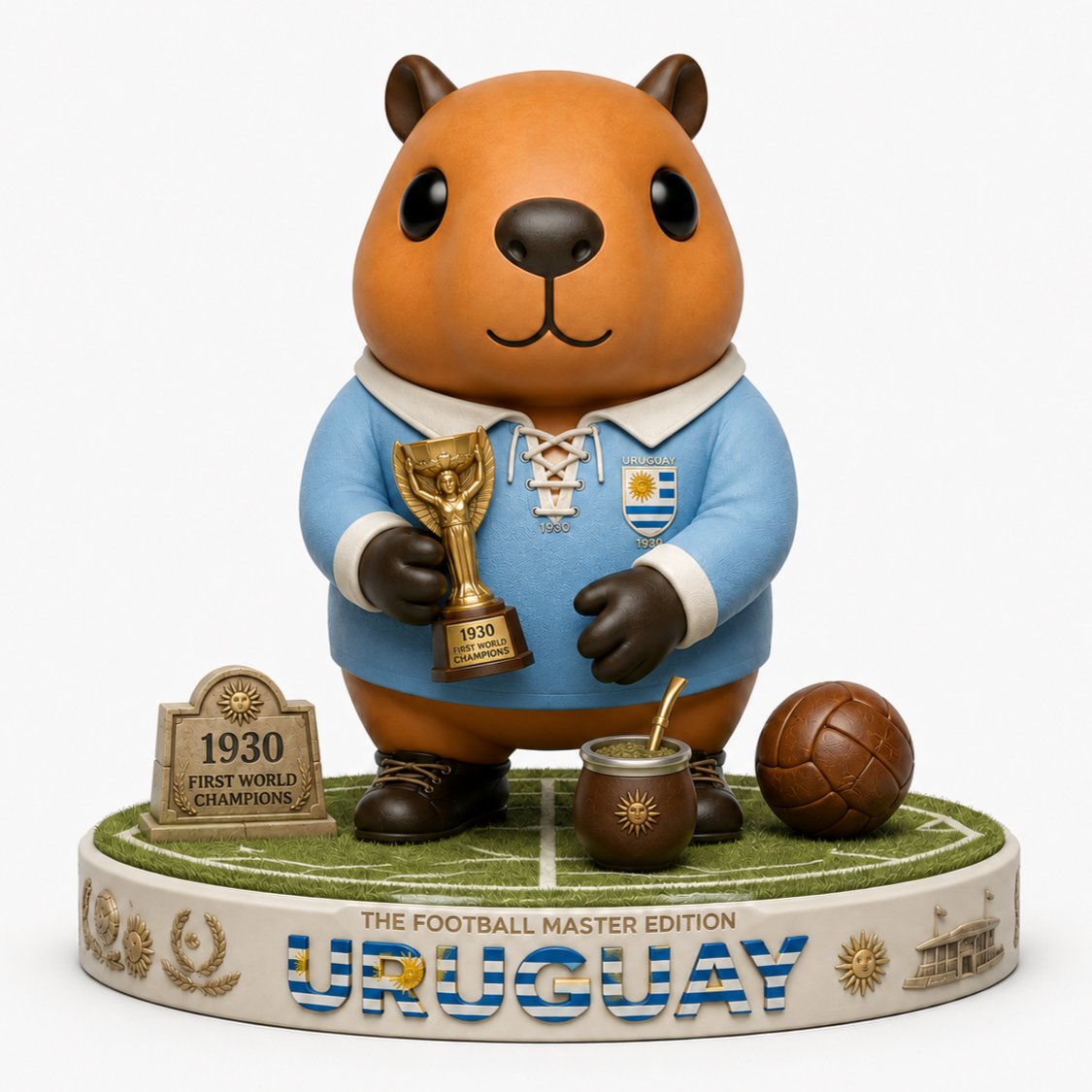 CapyCryptocoin's tweet photo. THE WEIGHT OF THE FIRST GLORY. 🇺🇾🏆🧉

Day 32 of #CapyCup2026 closes Group H with Uruguay y la Garra Charrúa!

The Football Master Edition honors La Celeste and the birthplace of World Cup history. Wearing a retro 1930 sky-blue lace-up jersey and holding a Jules Rimet-inspired trophy, our Capy stands on the grass of the Centenario Stadium, joined by a vintage ball, a 1930 champions plaque and a traditional mate gourd. A 1/1 tribute to pride, legacy and timeless football soul.

Remember the first champions: https://t.co/yxunkTZTAy

#CapyCup2026 #Uruguay #LaCeleste #WorldCup1930 #Centenario #JulesRimet #NFT #Web3 #Polygon #DesignerToys #Capybara #WorldCup #SouthAmerica