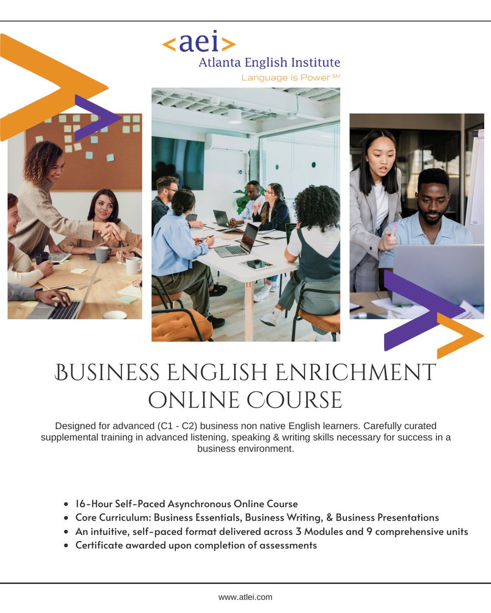 English_ATL's tweet photo. Our #BusinessEnglish Enrichment #OnlineCourse is designed for advanced learners (C1–C2). This flexible 16-hour program focuses on real-world skills like business writing, presentations, and effective communication in global workplaces. #learnenglishonline #esl https://t.co/vT3JOaYbd2