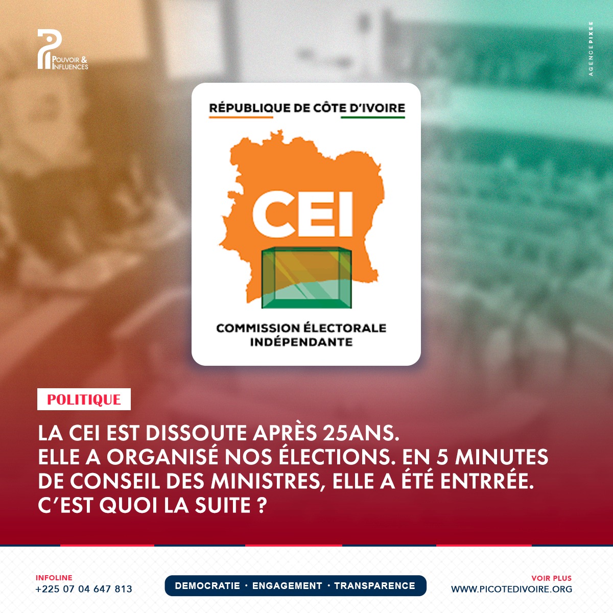 PIcotedivoire's tweet photo. Commission Électorale Indépendante vient d'être officiellement dissoute après 25 ans.
Est-ce qu'une nouvelle structure électorale peut changer les choses dans ce pays ? Ou est-ce encore un changement de façade ?

💬 𝗗𝗢𝗡𝗡𝗘 𝗧𝗢𝗡 𝗔𝗩𝗜𝗦 𝗲𝗻 𝗰𝗼𝗺𝗺𝗲𝗻𝘁𝗮𝗶𝗿𝗲 https://t.co/7xw42fgsWs
