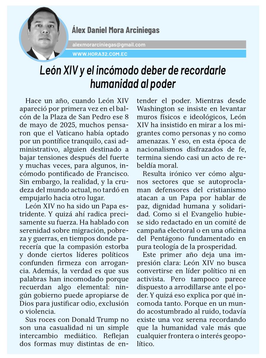 methosmora's tweet photo. Comparto mi editorial de hoy, miércoles 13 de mayo, en Diario @HORA32LOJA de Loja: «León XIV y el incómodo deber de recordarle humanidad al poder». https://t.co/3ldCENiWBP