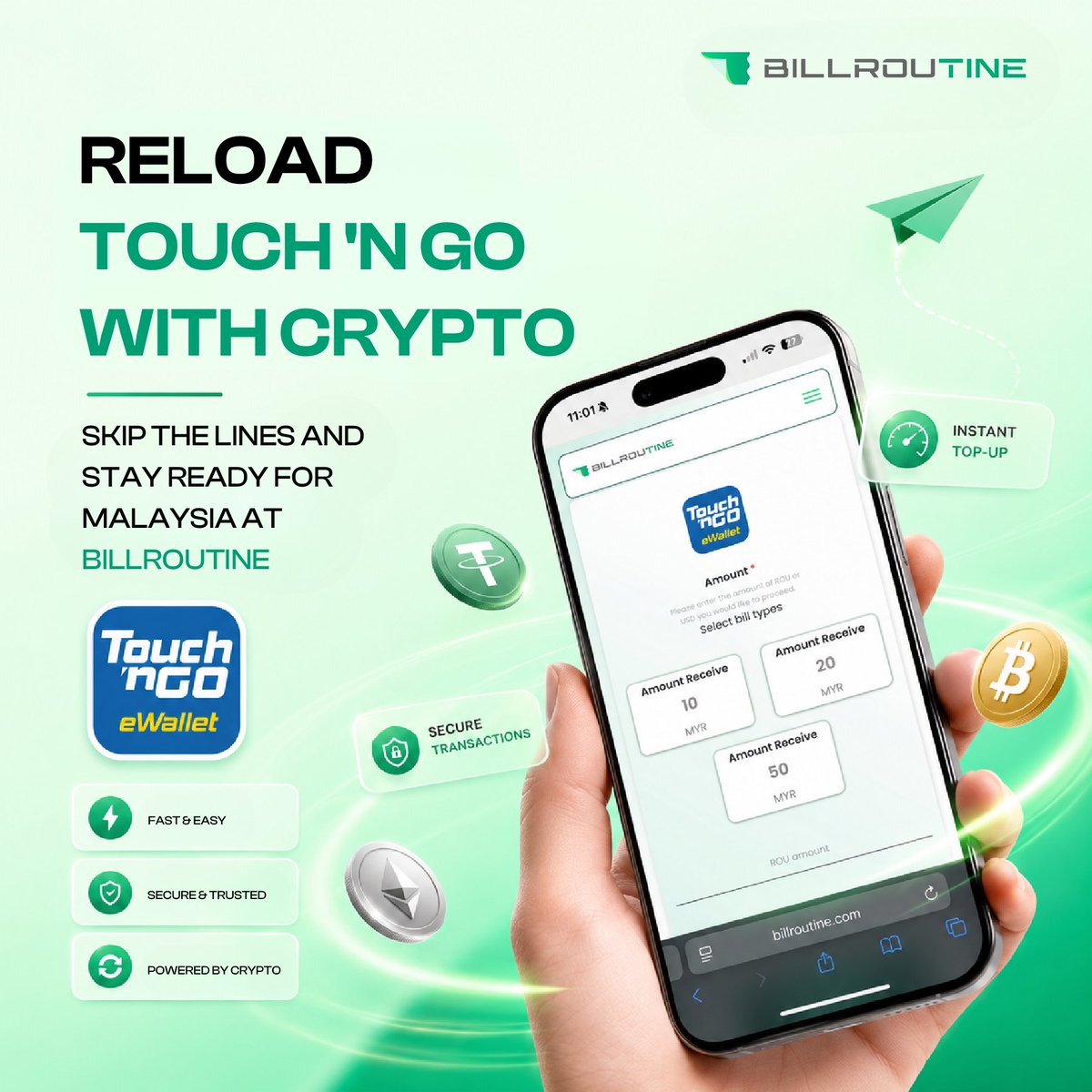 billroutine's tweet photo. Reload Your Touch 'n Go eWallet with Crypto

From highway tolls to street food in KL, 𝗧𝗼𝘂𝗰𝗵 '𝗻 𝗚𝗼 (𝗧𝗡𝗚) is essential in Malaysia. —reload using crypto directly through our platform.

https://t.co/JEVElgwj3M

#Billroutine #TouchnGo #Malaysia 
#CryptoPayments #TravelTech https://t.co/AmvFH7yGmf