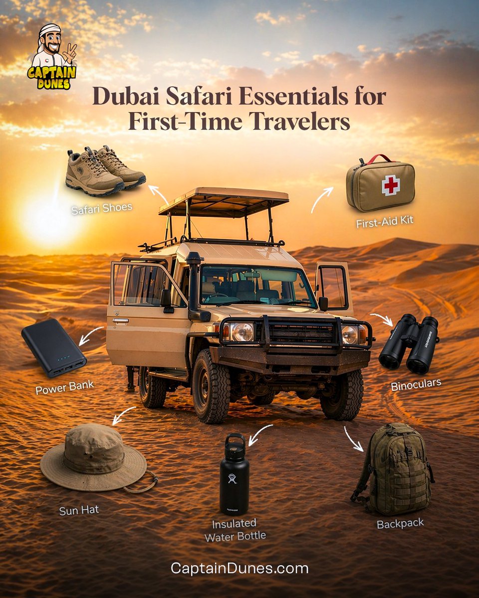 CaptainDunes_'s tweet photo. Heading to your very first Dubai desert safari? So exciting! Just grab these essentials and let our amazing tour guides will take care of everything else. 

Book now: https://t.co/libeugz5I4 

#DubaiDesertSafari #CaptainDunes #FirstTimeTraveler #DubaiTravel #SafariEssentials https://t.co/1HAIwpqrrk