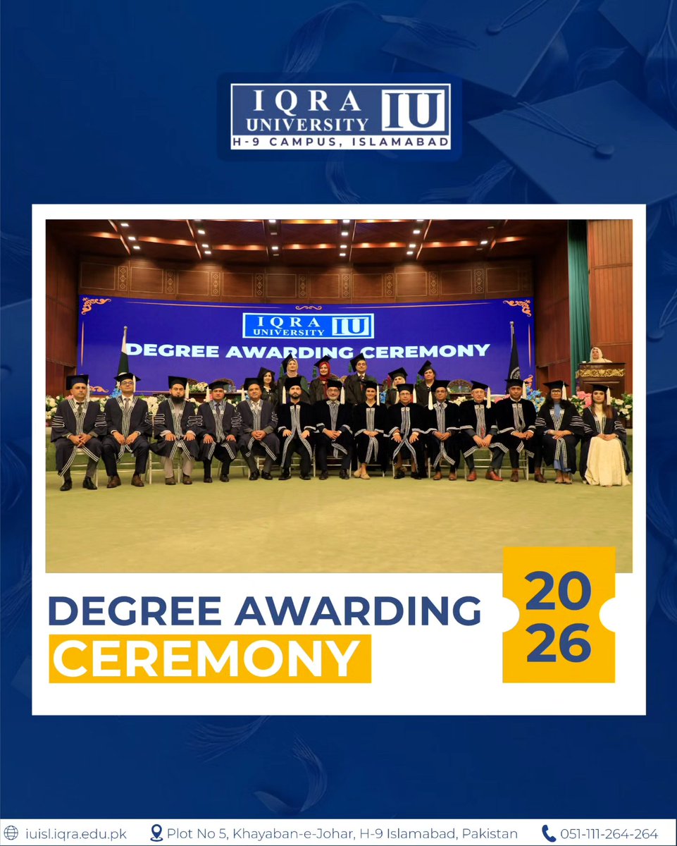 IUIsbCampus's tweet photo. 🎓 Celebrating excellence, ambition, and new beginnings!

Iqra University Islamabad, proudly hosted the Degree Awarding Ceremony 2026 at the Convention Centre, Islamabad on 11th May 2026, honouring the hard work, dedication, and achievements of our graduating students. https://t.co/lAsDy2BVJe