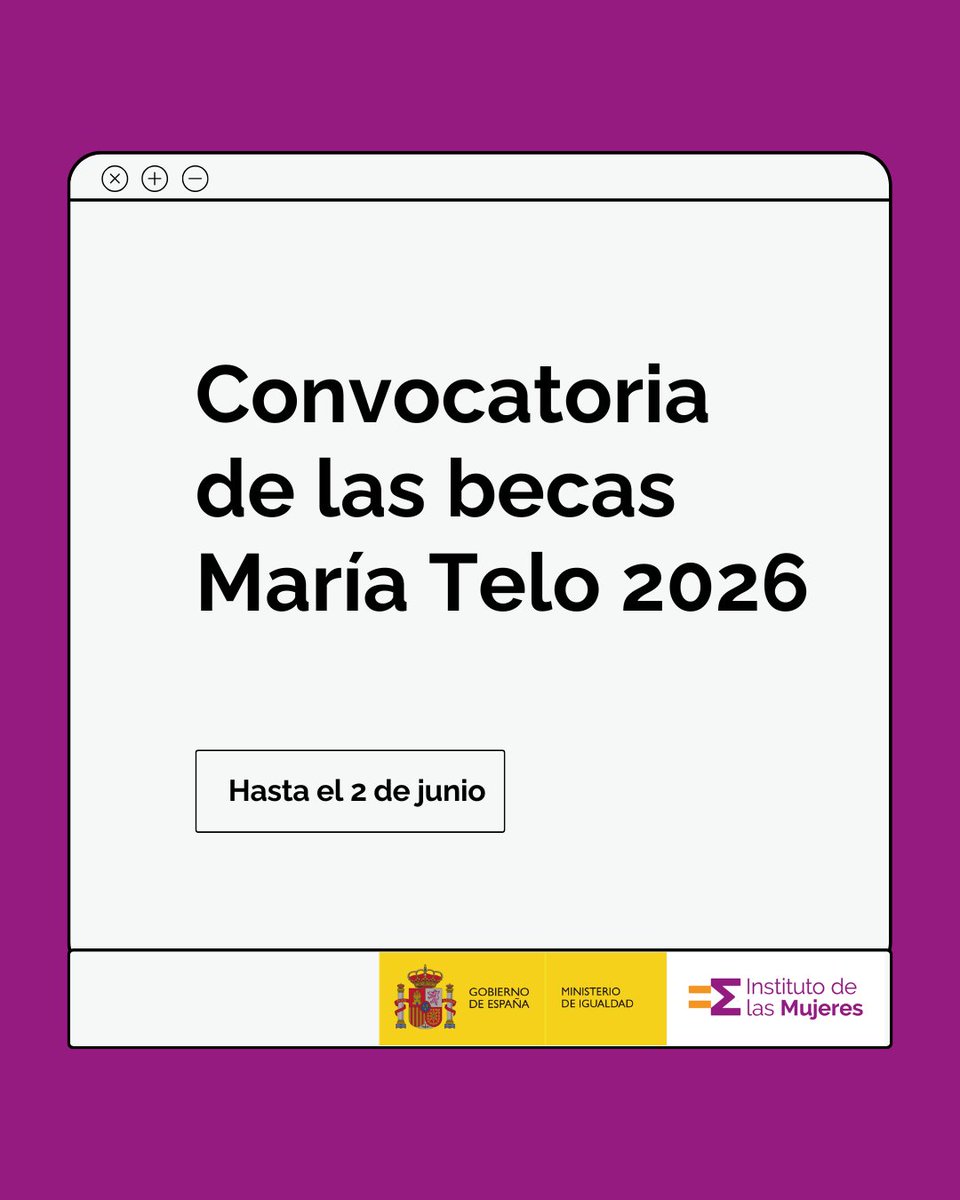 InstMujeres's tweet photo. El Instituto de las Mujeres convoca las becas de formación María Telo 2026, con un incremento del 13,6% en la cuantía mensual. 

🟣 Formación teórico-práctica y experiencia profesional en materias vinculadas con la igualdad. 

📲  Toda la información 👉 https://t.co/ebwWY8EafA https://t.co/fum1Q6XcJY