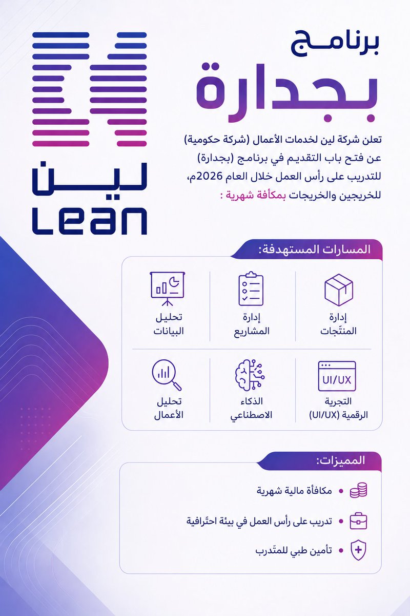 WadhefaDotCom's tweet photo. 🛑 عاجل - برنامج بجدارة بمكافأة شهرية (بشركة حكومية)

تعلن شركة لين لخدمات الأعمال عن فتح باب التقديم في برنامج (بجدارة) للتدريب على رأس العمل خلال العام 2026م، للخريجين والخريجاتب مكافة شهرية

التفاصيل: https://t.co/a48SUI4ZHG https://t.co/II80RtNxii