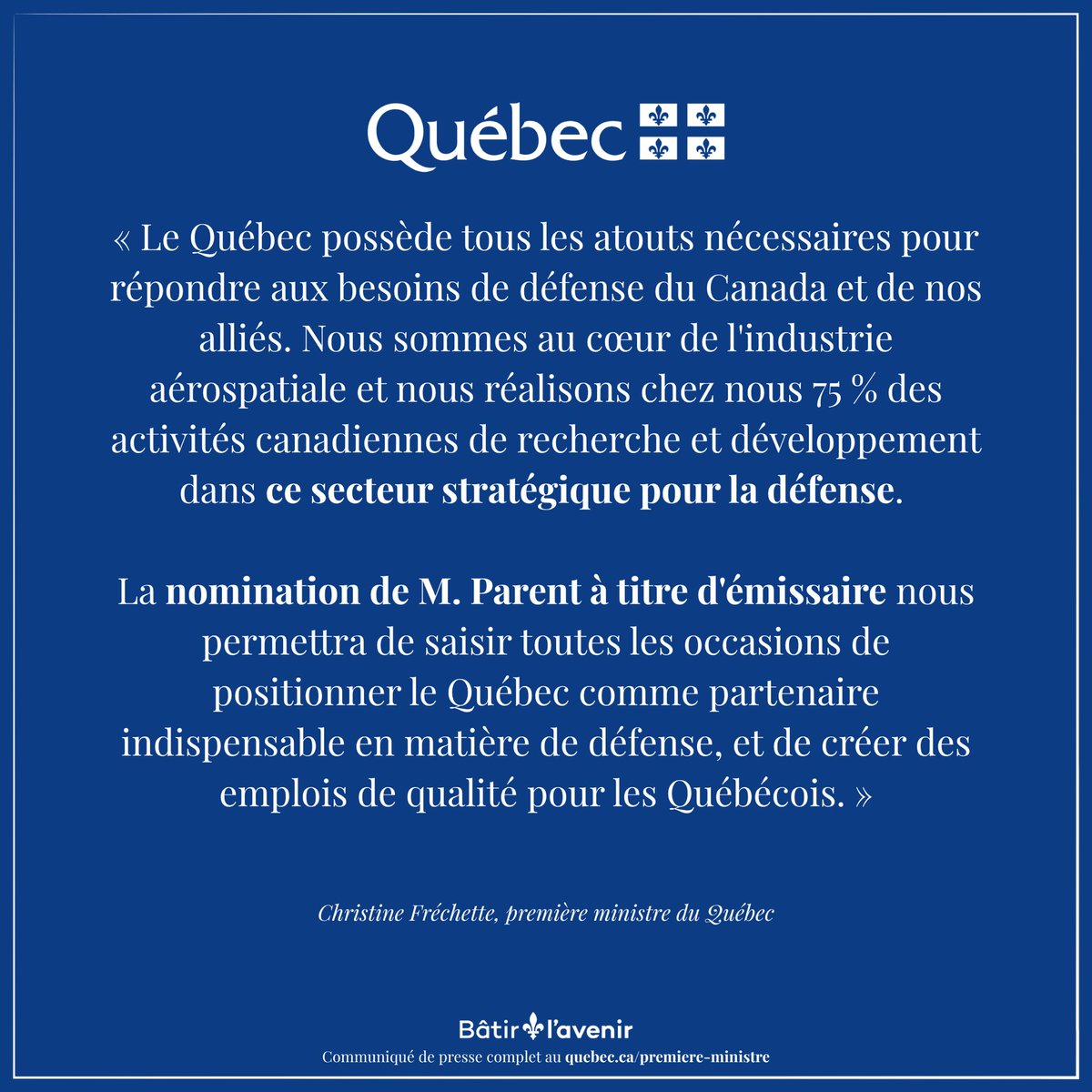 CFrechette's tweet photo. Mon collègue le ministre de l'Économie, de l'Innovation et de l'Énergie et ministre responsable de la Stratégie maritime, @BDrainvilleQc, et moi-même sommes fiers de confier le mandat à Marc Parent de conseiller le gouvernement et d'appuyer l'écosystème québécois de la sécurité et de la défense afin de développer ce marché.

Plus de détails 🔗 https://t.co/K6YkHrWGws