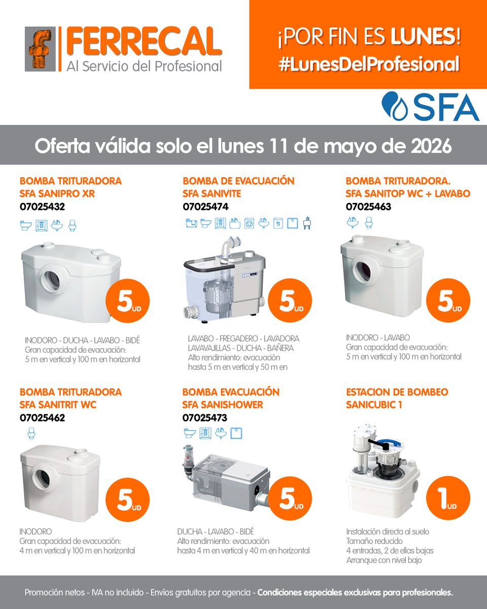 FERRECAL_SA's tweet photo. ‼️ POR FIN ES LUNES ‼️

Como cada semana, hoy ponemos a tu disposición estos #descuentos de SFA en bombas de evacuación, trituradoras y estaciones de bombeo. 

🔴 Visita nuestras tiendas y almacenes para aprovechar la oferta. 

#PorFinEsLunes #LunesDelProfesional #SFA https://t.co/iVLe28998u