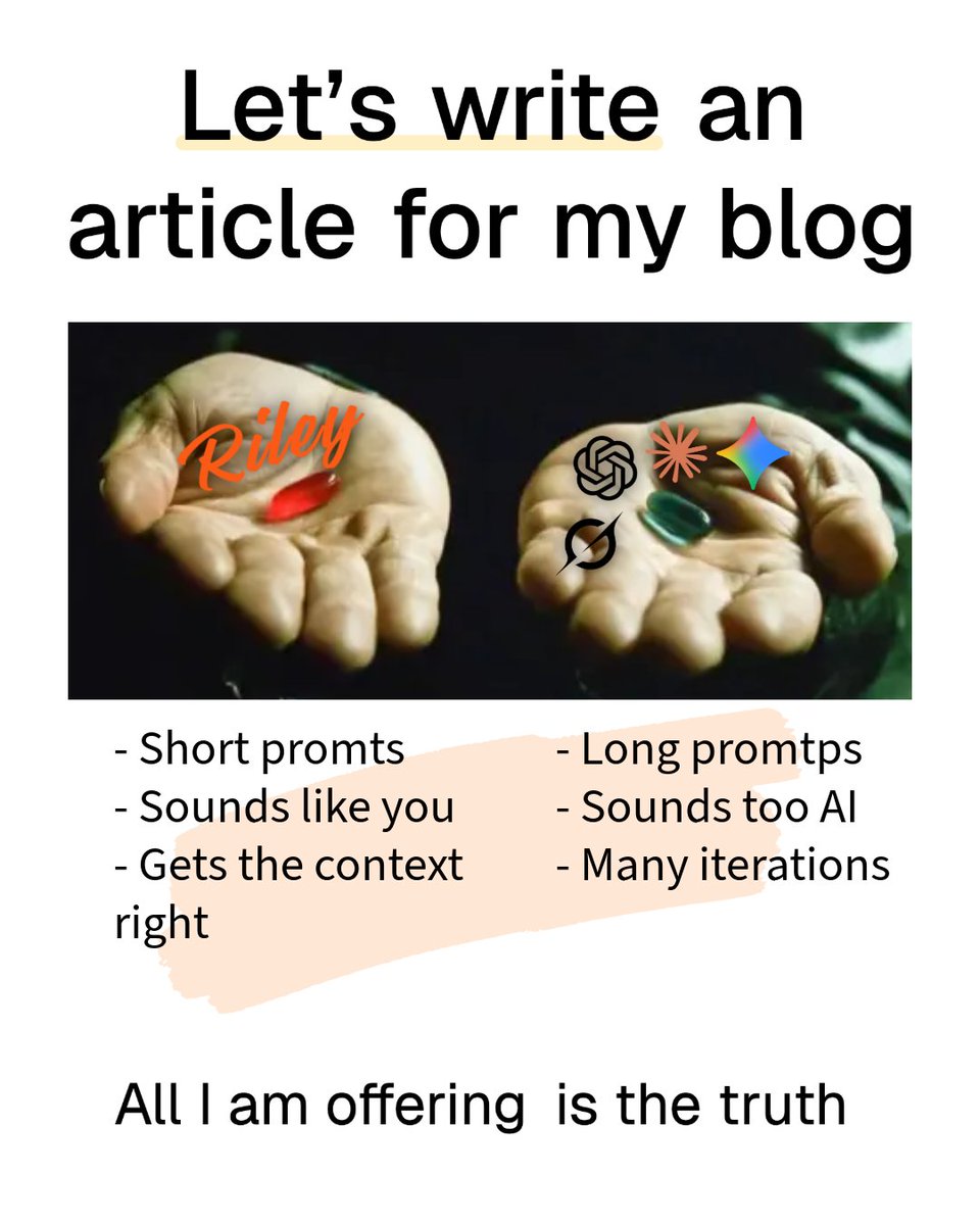 rileywrites_ai's tweet photo. Take the blue pill: The story ends, you wake up in your bed and keep struggling with GPT for the rest of your life.
Take the red pill: You stay in wonderland, and I show you how to create content like a pro.
All I am offering is Riley.
#ContentCreation #Copywriting #SEO https://t.co/ene5mpGNu3