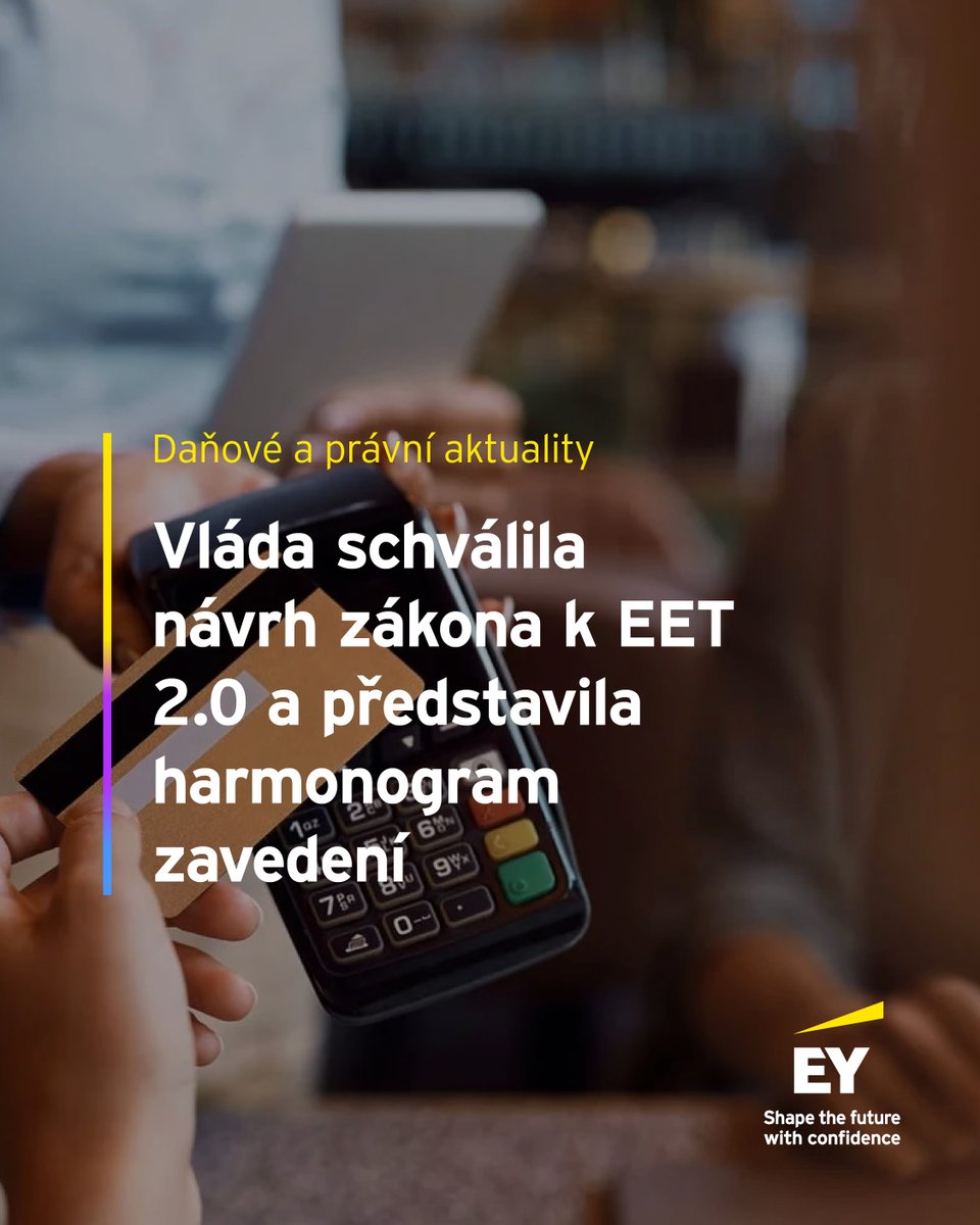 EY_CeskaRep's tweet photo. EET 2.0 je o krok blíž. Vláda představila harmonogram zavedení. Na co se připravit? Více v našem alertu zde: https://t.co/ErkYp0X5Ne
#EYCeskaRepublika #EET https://t.co/Gx7UlgyguN