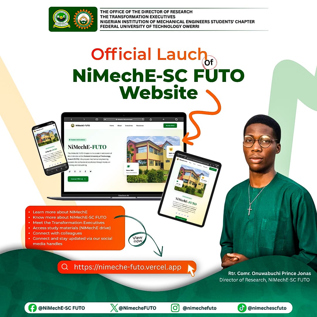 NiMechEFUTO's tweet photo. We are proud to unveil the OFFICIAL WEBSITE OF NIMechE-SC FUTO🌐🚀
A digital hub designed to keep you informed, connected, and empowered.

 🔗 Visit Now: https://t.co/LNpLOjONXi

📍Don’t just hear about it... experience it!
#nimeche #nimechescfuto #innovation #technology https://t.co/5eIUFjcczo