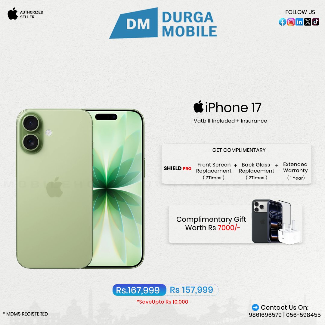 imDurgaMobile's tweet photo. 🔥 Upgrade to the All-New iPhone 17 🔥

Get an Instant Cashback of Rs. 10,000 💸
PLUS get a Chance to WIN Rs. 20,000 every month 🎉

📃 Vatbill + Warranty Included
☎️ 9861696579 | 056-598455
🌐 https://t.co/IWp5utSPrq
📍 Indradev Margh Narayangarh
📩 DM US FOR MORE INFO https://t.co/Llk6YJoLUZ