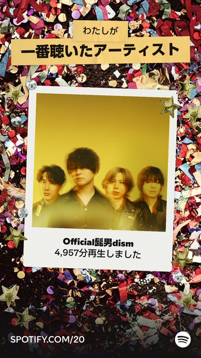 shigechapi's tweet photo. 21/8/30以来の、わたしのオールタイムトップアーティストはOfficial髭男dismでした！Your Party of The Year(s)であなたのデータもチェック！  https://t.co/0BNiMhsSsm https://t.co/82okw7FtT0