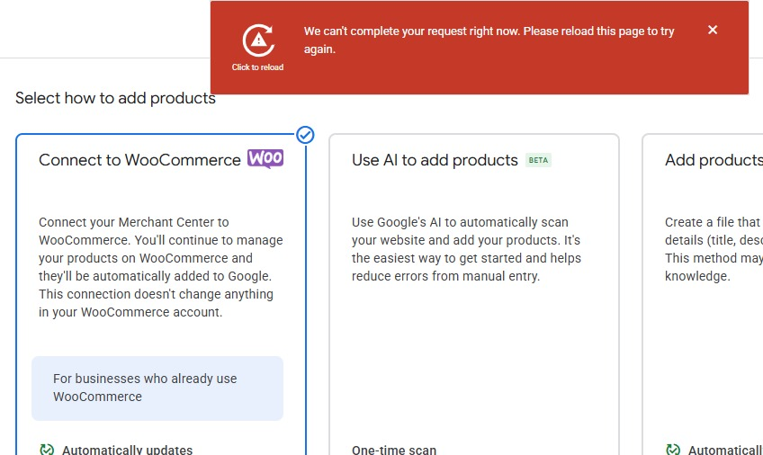 barriesmithii's tweet photo. "Use AI to add products" in Beta in Google Merchant Center. I can't test it though as it's giving me an error 😬 https://t.co/WCsOhRi3lt