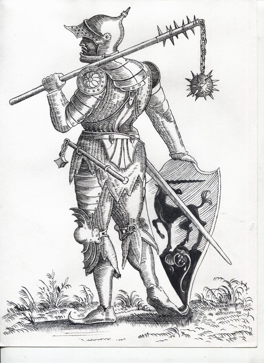 tstartworks's tweet photo. Dip pen &amp; oak gall ink. 

The original print belongs to the Augsburg Book of Nobles; a project undertaken by Hans Burgkmair the Younger and Heinrich Vogtherr the Younger to illustrate the coats-of-arms of the patrician families of the city of Augsburg. https://t.co/xyfJN0M6d7