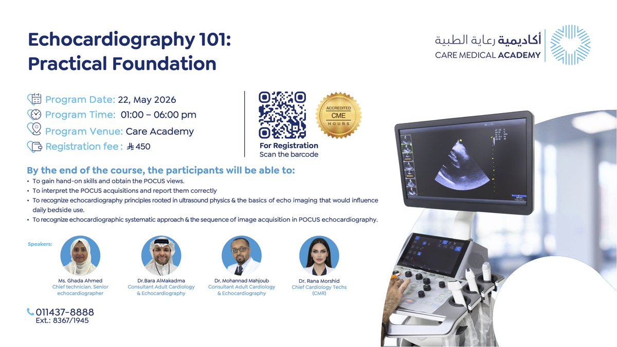 CareAcademy3's tweet photo. Ready to build confidence in bedside echocardiography and elevate your POCUS skills?  

Join our Echocardiography 101: Practical Foundation course, designed to help healthcare professionals master the essentials of practical echocardiography.  

What to expect: 
• Real hands-on training in obtaining standard POCUS echo views 
• Practical interpretation and accurate reporting of findings 
• Clear understanding of ultrasound physics and echo imaging fundamentals 
• Step-by-step systematic approach to bedside image acquisition  Limited seats available — register now and reserve your place today. 

🔗 https://t.co/csizvMBImH 

#Echocardiography #POCUS #Ultrasound #EchoTraining #MedicalEducation #CriticalCare #Cardiology