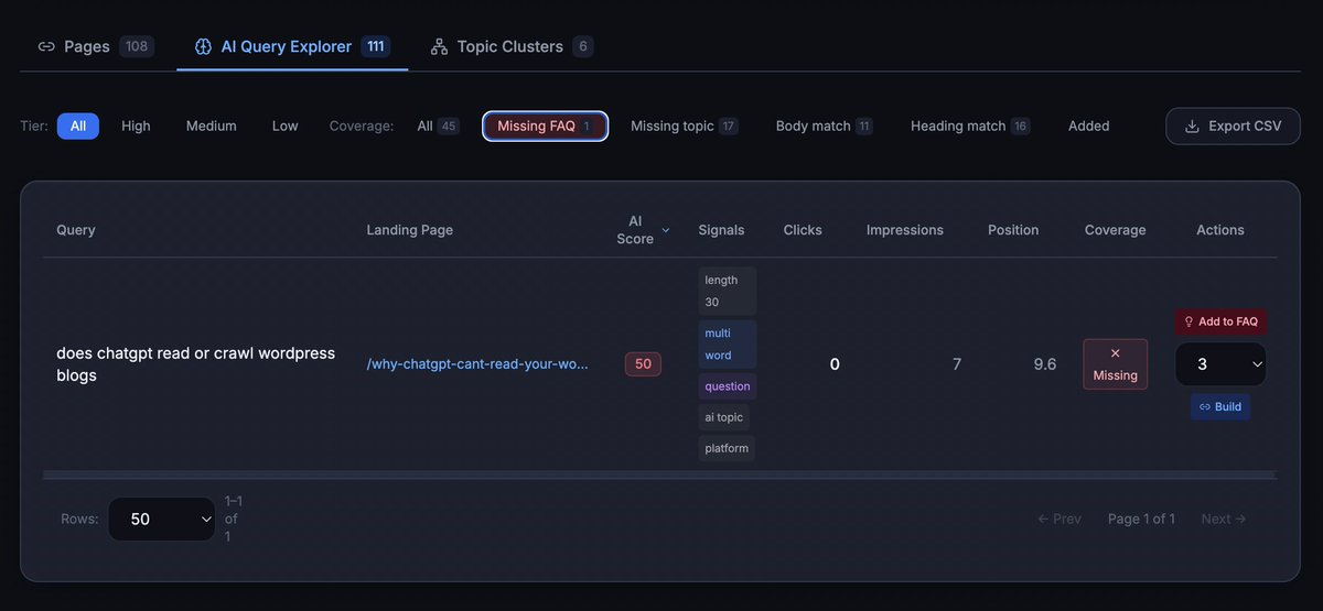 AEOGodMode's tweet photo. AEO God Mode Pro shows you missing H2/FAQ Q/A opportunities based on your GSC data.

Query-Answer Match is a top AI citation ranking factor.

This is also the highest-impact area where the average WordPress post fails. https://t.co/3w40sk0cJE