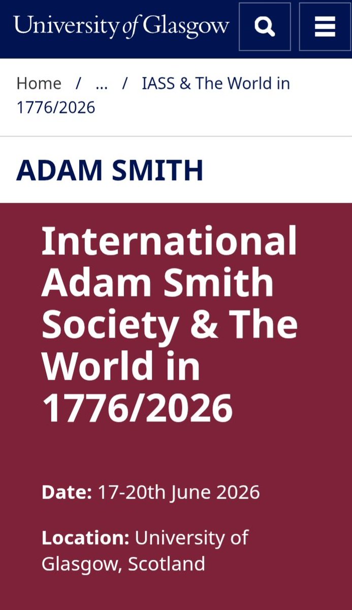 afb2002's tweet photo. Ya se publicó el programa de la reunión "The World in 1776/2026: The Wealth of Nations at 250" en Glasgow. La Universidad donde dictó clases Adam Smith recuerda la publicación de su obra  cumbre. https://t.co/4quYv8BC8f
