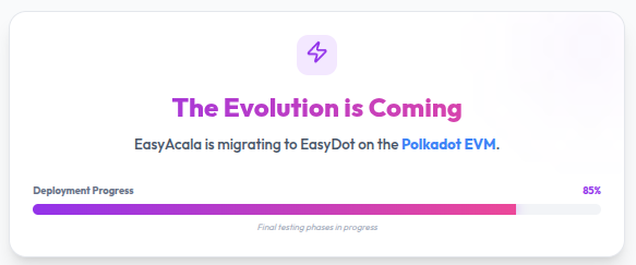 EasyCryptoDao's tweet photo. 85% LOADING... ⏳

The legacy era is ending. The Polkadot EVM migration is reaching terminal velocity and if you aren't tracking the pulse, you're already behind.

⚡ Two-second blocks are no longer a dream. 💎 EasyDot is about to redefine everything you know.
This is your last warning to get positioned. Once we hit 100%, the doors to the old world close forever.

Action: Check the LIVE status now or get left in the dust

@Polkadot #EVM #EasyDot #CryptoNews #LastChance #Web3 #Acala