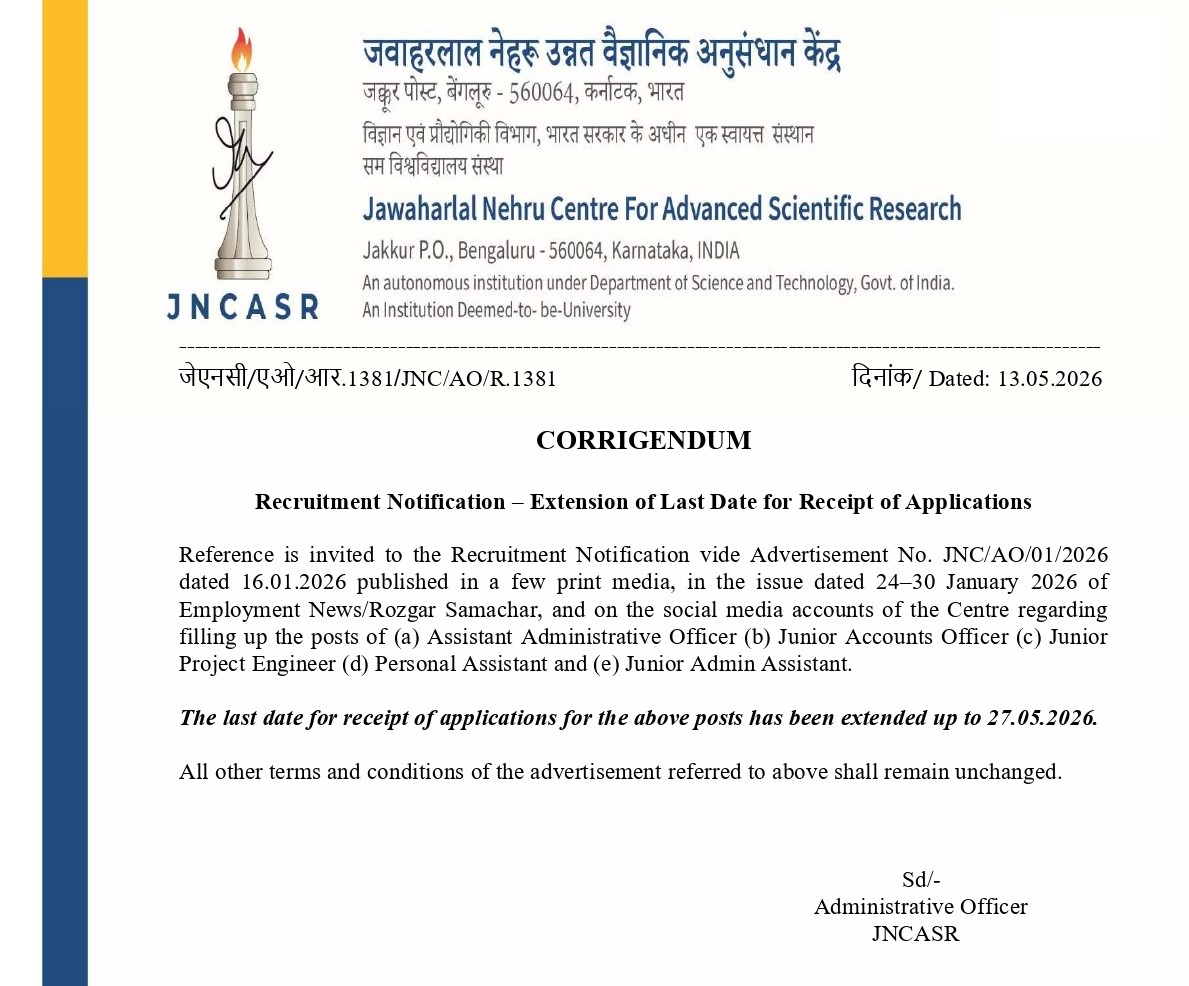 jncasr's tweet photo. The last date for submission of applications for the advertised positions has been extended to 27 May 2026.
https://t.co/7xxpHavnpz https://t.co/jKr47PiQp8